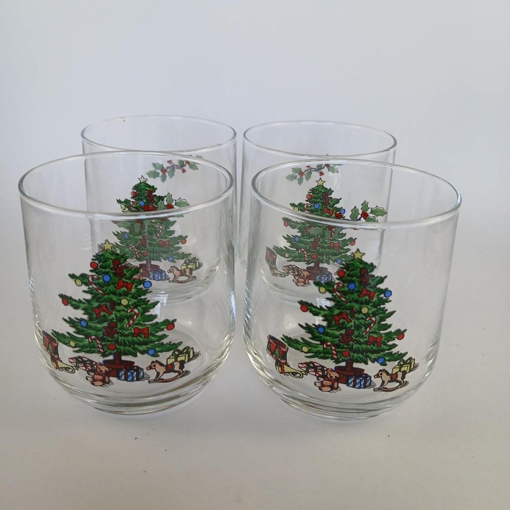 Set Of 4 Tienshan Christmas Glass Holiday Tree Toys VTG Clear‎ Bar Glass Festive